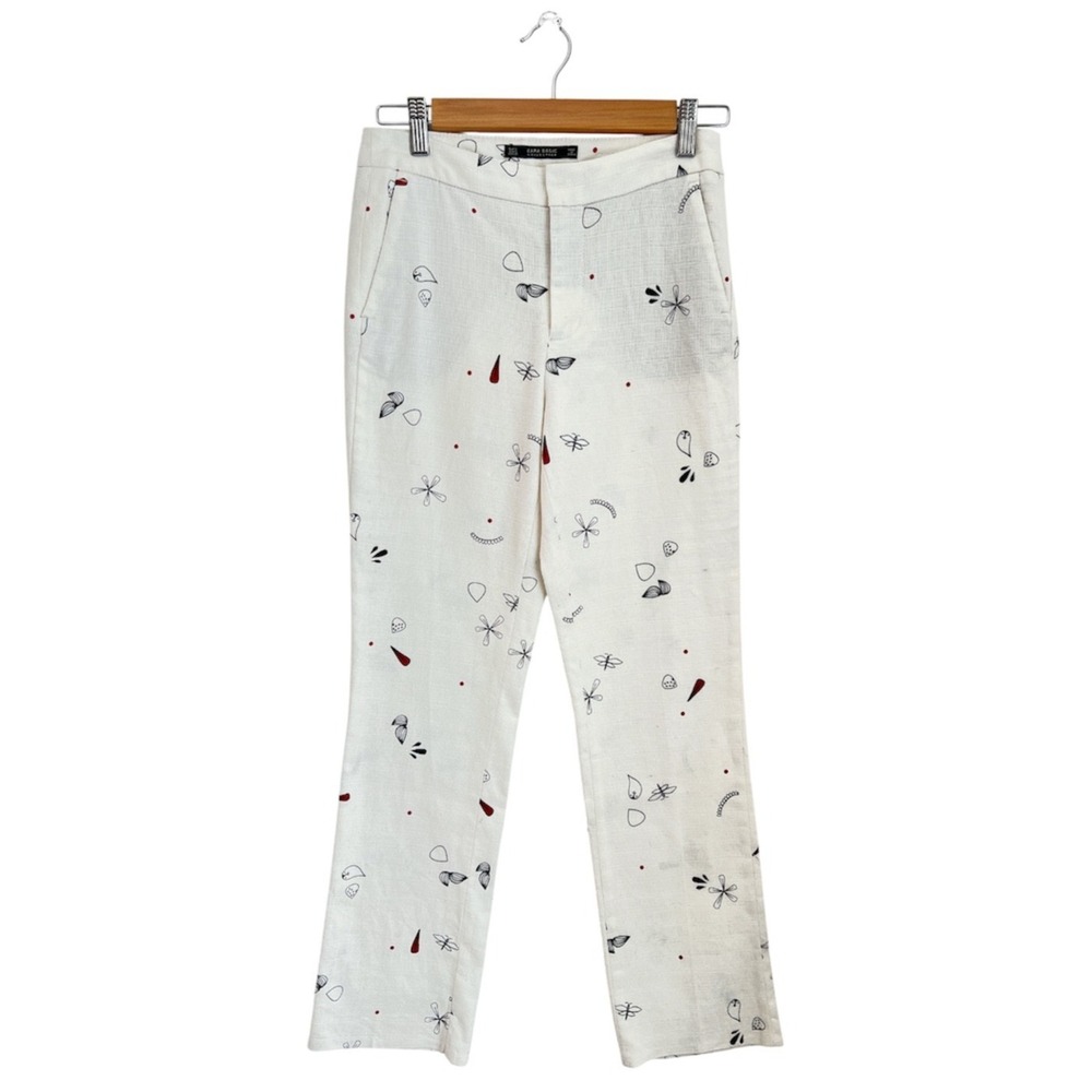 Zara Pants Woven Knit Ankle Womens S White Black Red Floral Sketch Print Casual